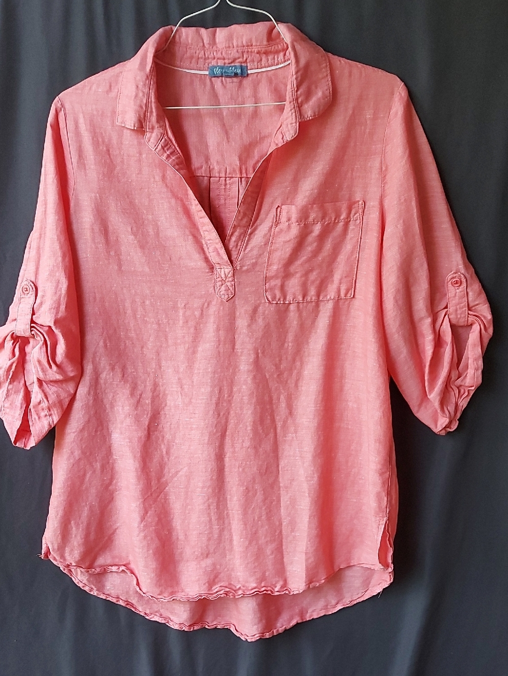 Fleur Bleue Coral-Pink Roll-Tab 60% Linen 40% Cotton Blend Tunic